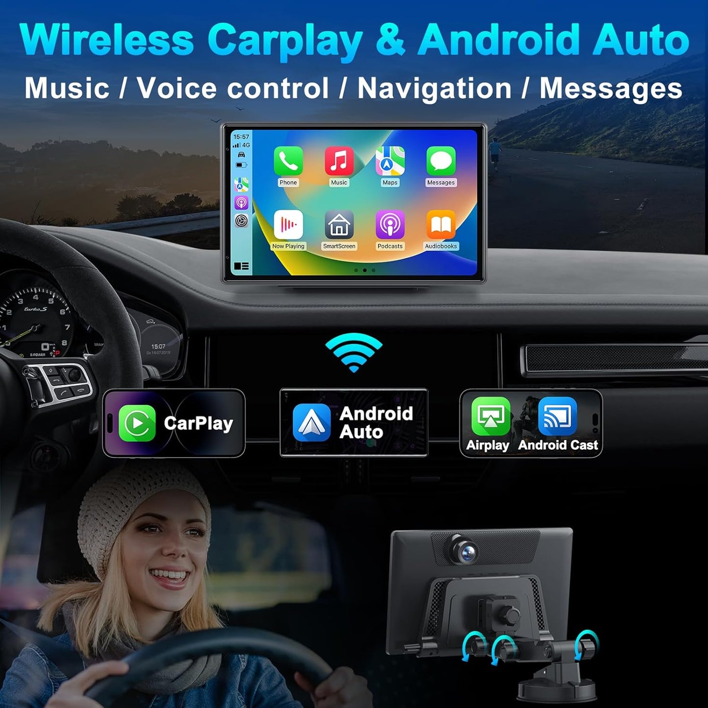 9'' Auto-Dimming Screen, Wireless Portable Carplay Screen with 4K Dash Cam, Android Auto