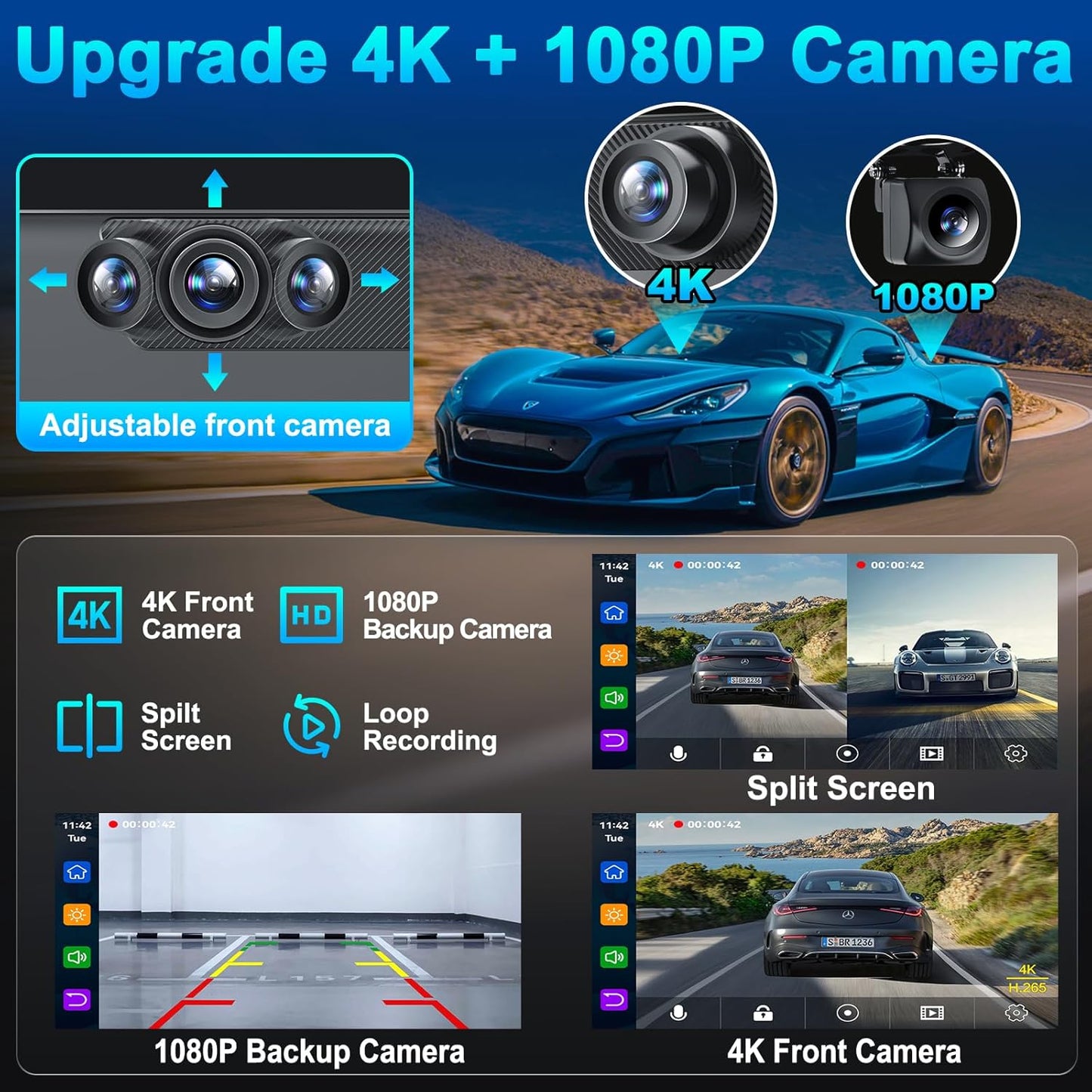 9'' Auto-Dimming Screen, Wireless Portable Carplay Screen with 4K Dash Cam, Android Auto