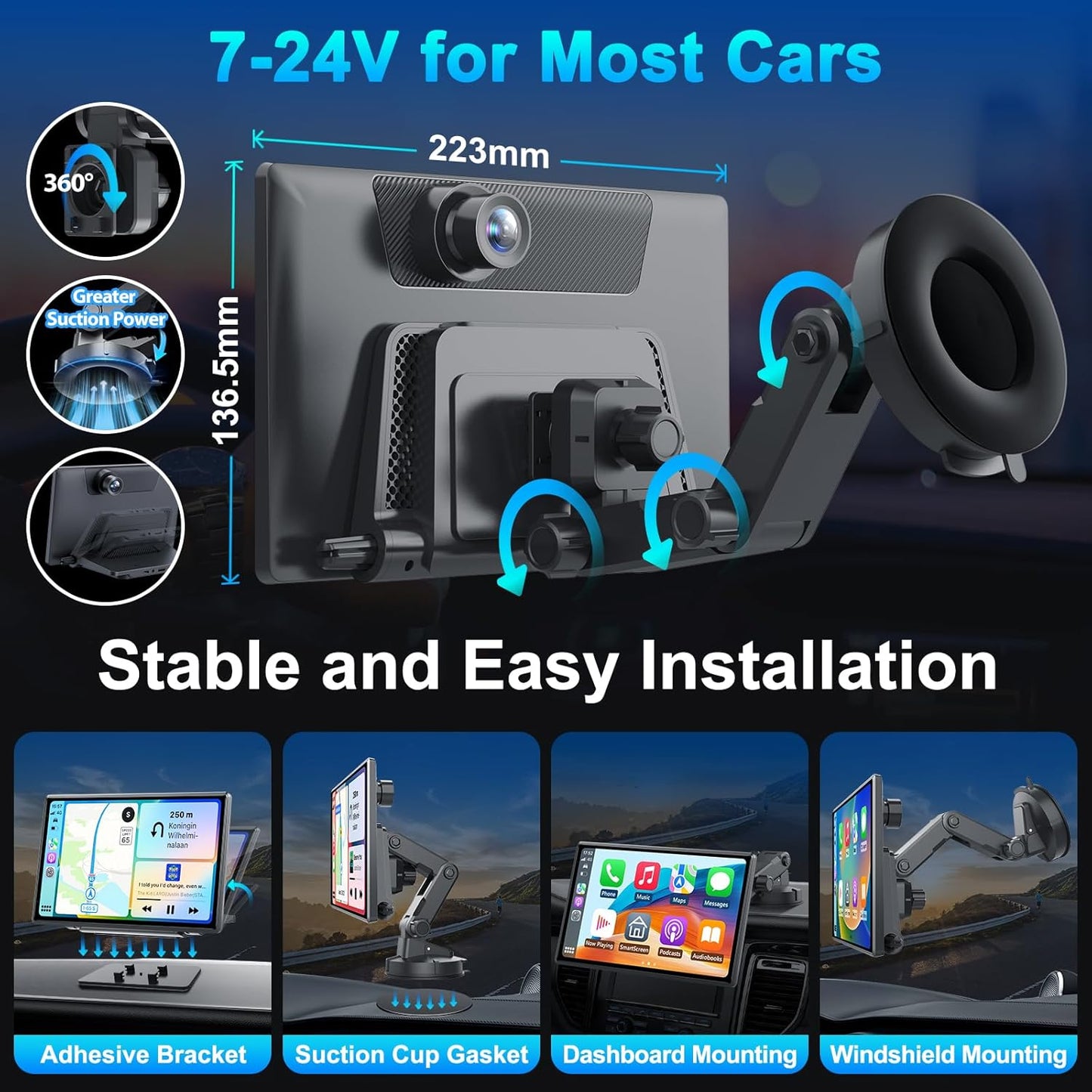 9'' Auto-Dimming Screen, Wireless Portable Carplay Screen with 4K Dash Cam, Android Auto
