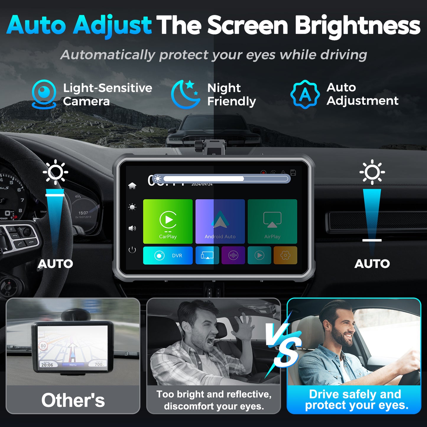 8'' Auto-Dimming Screen, Wireless Portable Carplay Screen with 4K Dash Cam, Android Auto