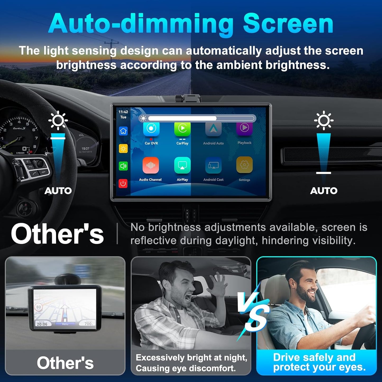 9'' Auto-Dimming Screen, Wireless Portable Carplay Screen with 4K Dash Cam, Android Auto