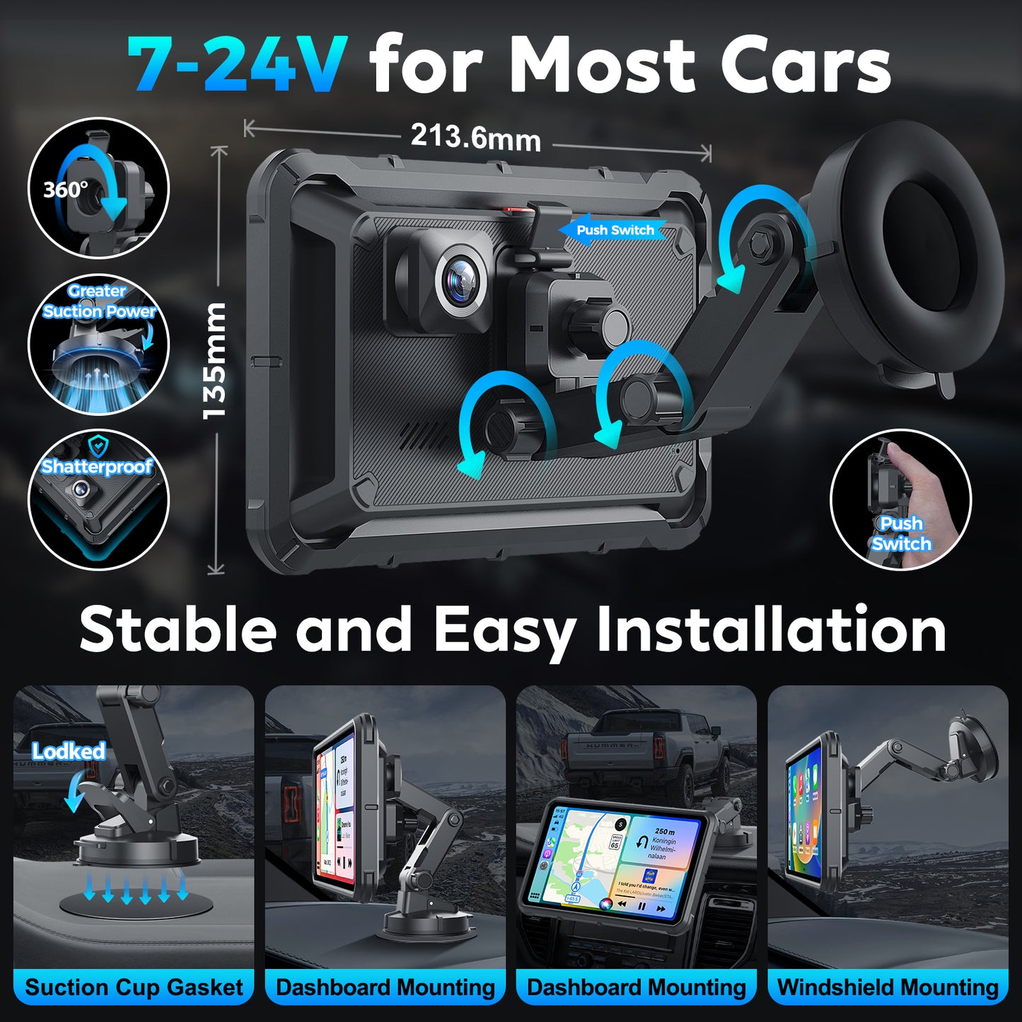 8'' Auto-Dimming Screen, Wireless Portable Carplay Screen with 4K Dash Cam, Android Auto