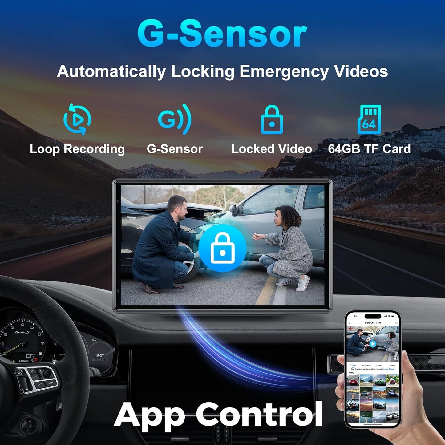 9'' Auto-Dimming Screen, Wireless Portable Carplay Screen with 4K Dash Cam, Android Auto