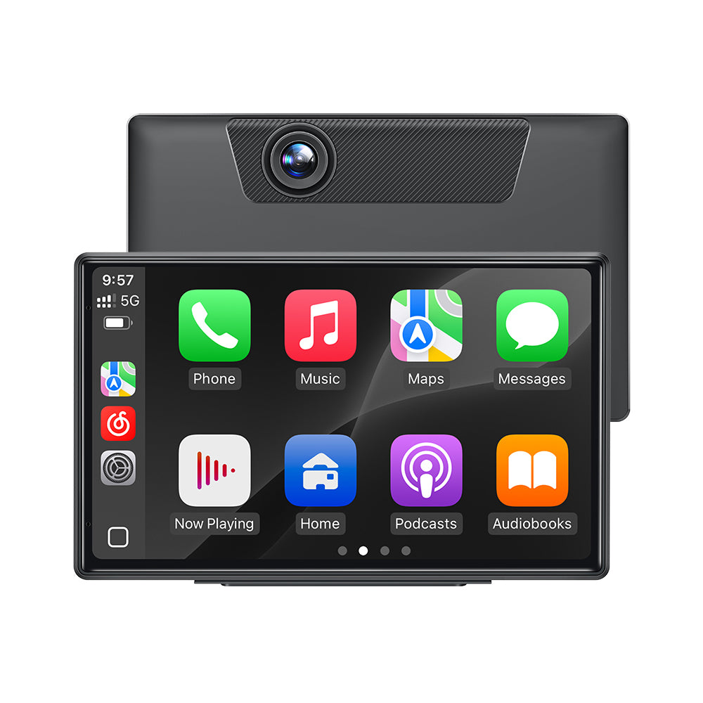 9'' Auto-Dimming Screen, Wireless Portable Carplay Screen with 4K Dash Cam, Android Auto